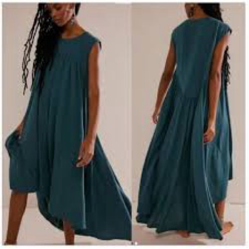 NWNT Free People Beach Madelyn Midi Dress Hi-Low Hem Teal color Oversized M